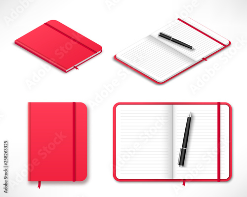 red moleskin notebook top and isometric photo