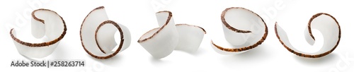 Fotografie, Obraz Coconut curl slices collection isolated on white background