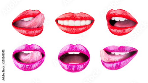 Set of womens lips with glossy lipsticks  cosmetics. Red lips  tongue sexy. Collection open mouth. Beautiful female lips collection isolated on white background. Pink lip  lipstick or lipgloss  sexy.