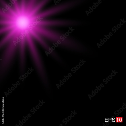 isolated pink Rays with lens flare, Sun flare, flare on the black background. Transparent Vector Illustration