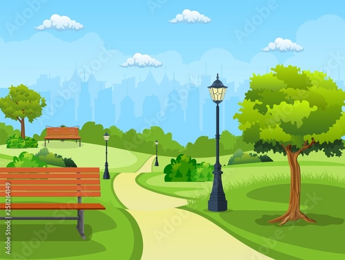 Bench with tree and lantern in the Park. Vector illustration in flat style