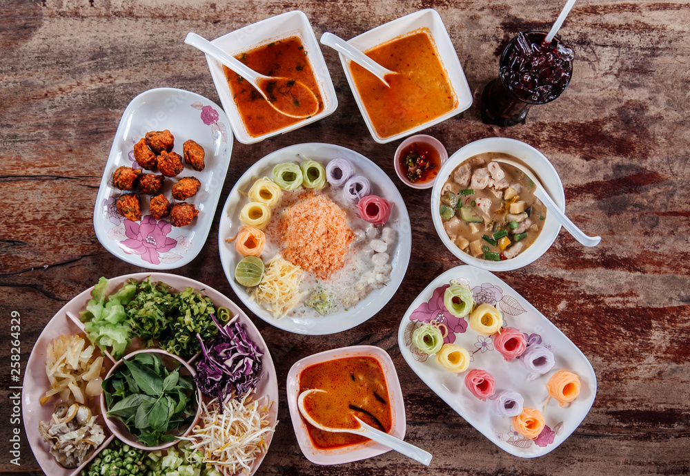 Thai rice noodle or vermicelli with various kind of Thai red curry, Top view Thai rice noodle or vermicelli with various kind of Thai red curry, Top view