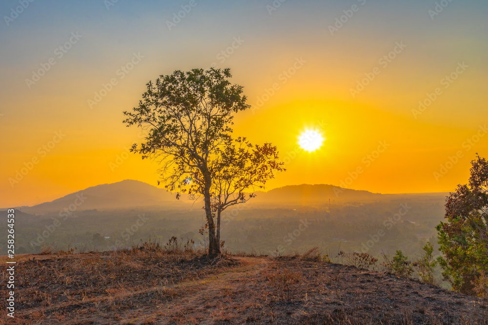 beautiful golden sky in sunset behind the tree on hilltop of Baan Ngao temple Rarong province Thailand. .