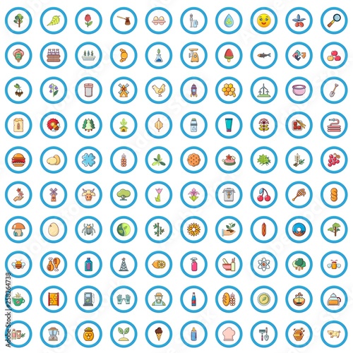 100 natural products icons set. Cartoon illustration of 100 natural products vector icons isolated on white background