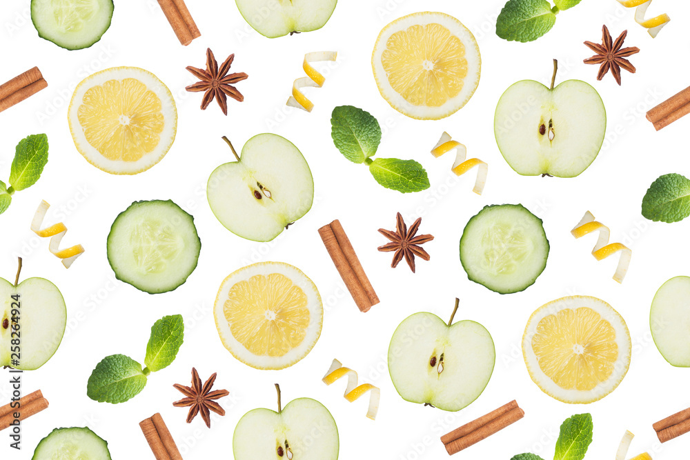 Seamless pattern Slice of green Apple, cucumber and lemon. Lemon peel chips cinnamon and anise isolated on white.
