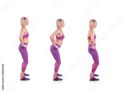 Beautiful young pregnant woman doing exercises on a white background. Early pregnancy.