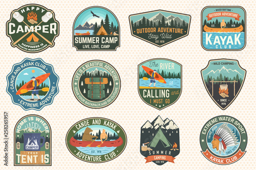 Set of summer camp, canoe and kayak club badges. Vector. For patch. Design with camping, mountain, river, american indian and kayaker silhouette. Extreme camp and water sport kayak patches