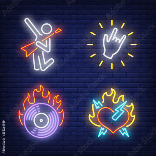 CD disk and heart on fire, hand gesture and rocker neon signs 