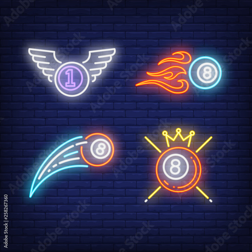 Flying billiard balls with wings and cues neon signs set