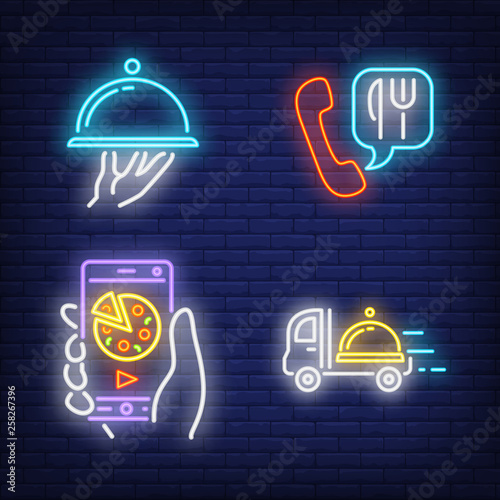 Food online, phone order and truck with serving tray neon signs