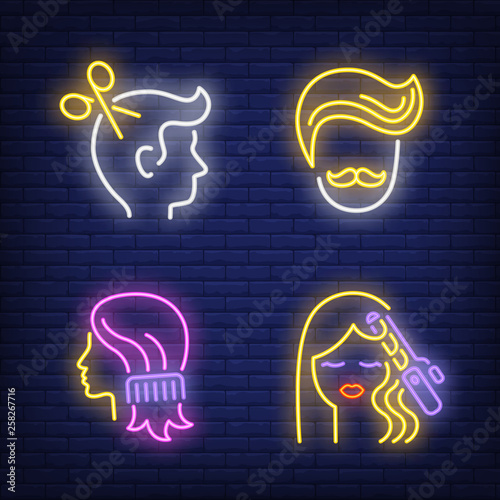 Men and woman heads, hairdressing accessories neon signs set