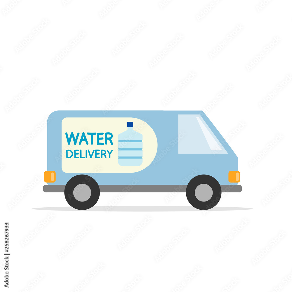 Water delivery van. Flat style. Vector graphics. Water delivery van. Flat style. Vector graphics.