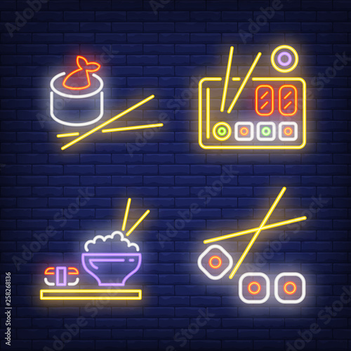 Sushi rolls and chopsticks neon signs set