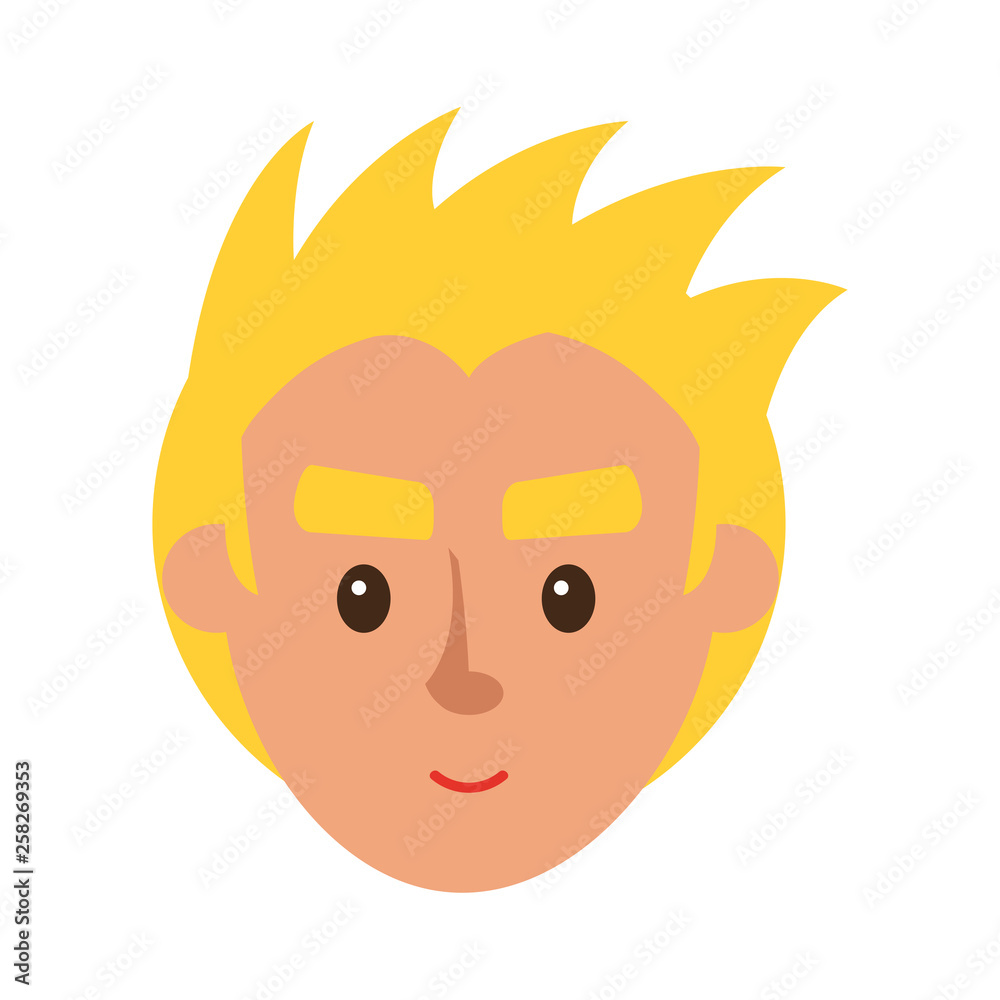 Smiling blond man character face icon. Boy cartoon full face portrait flat vector isolated on white background. Human head with positive emotions illustration for people infographics, web design Smiling blond man character face icon. Boy cartoon full face portrait flat vector isolated on white background. Human head with positive emotions illustration for people infographics, web design