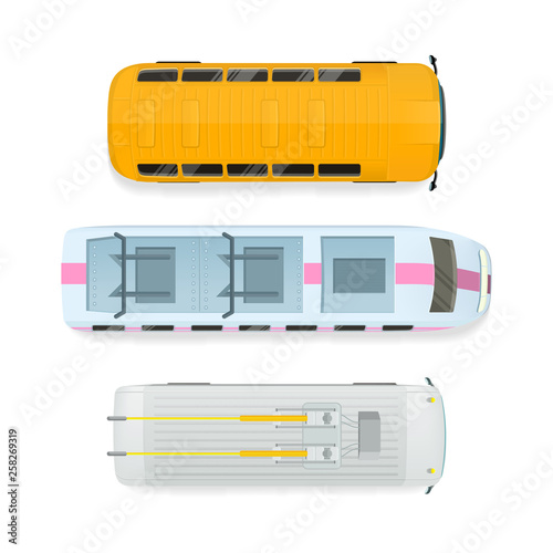 City public transport top view icons set. Bus, tramway, metro train, trolleybus flat vector illustration isolated on white background. For game environment, urban infographics, logo, web design