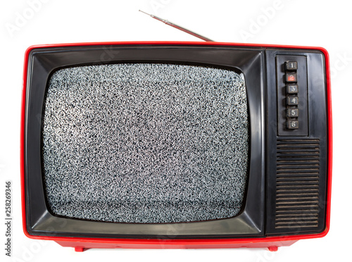 Vintage portable TV set with static noise on screen isolated on white