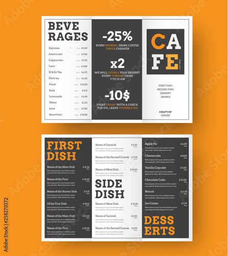 Design of a trifold menu for cafes and restaurants with alternating black and white blocks with orange elements.