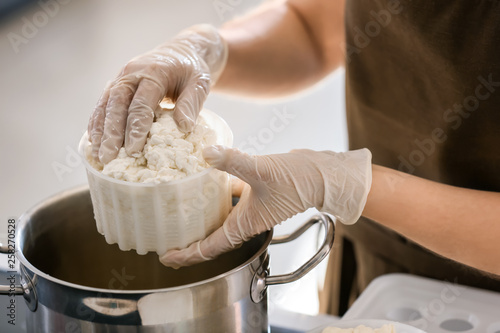 Woman preparing tasty cheese in kitchen, closeup photo