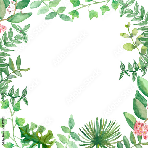 Watercolor spring lush frame of tropical branches with pink flowers branches .Framed pattern of flexible branches with pink flowers isolated on white background  with space for text.