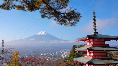 Colorful Autumn with Mountain Fuji and Chureito Pagoda in Japan around Lake Kawaguchiko