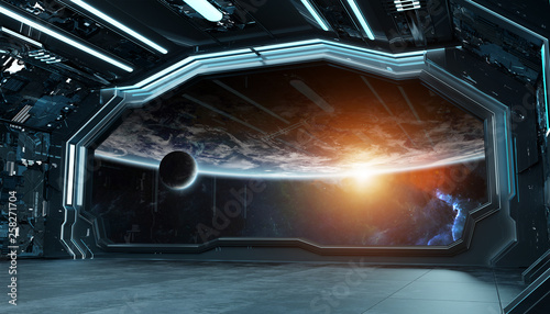 Fototapeta Naklejka Na Ścianę i Meble -  Dark blue spaceship futuristic interior with window view on planet Earth 3d rendering