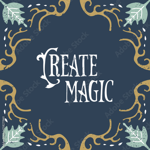 Vector hand lettered calligraphic vintage postcard, floral frame, modern art deco style, shabby chic