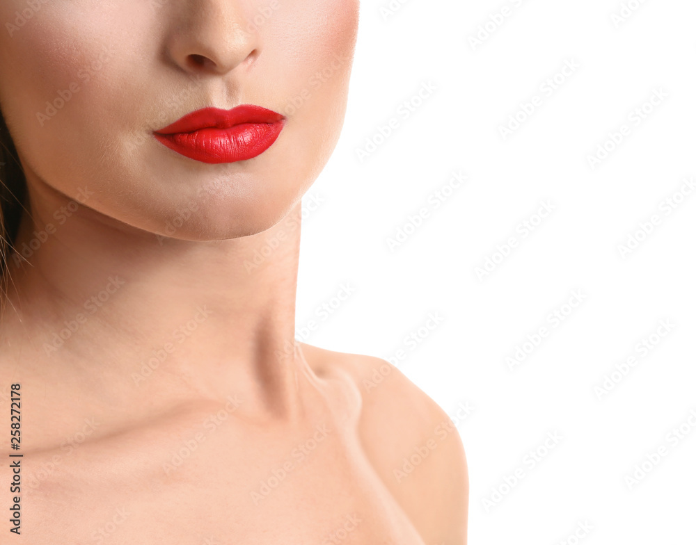 Beautiful young woman with bright makeup on white background, closeup Beautiful young woman with bright makeup on white background, closeup