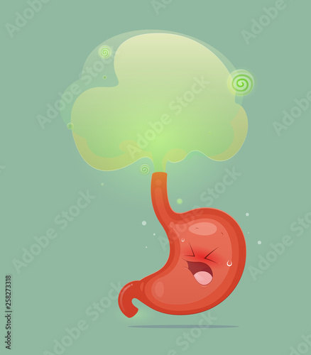 The stomach is fart because of acid in the stomach, Burping, Cartoon vector, Concept with internal health