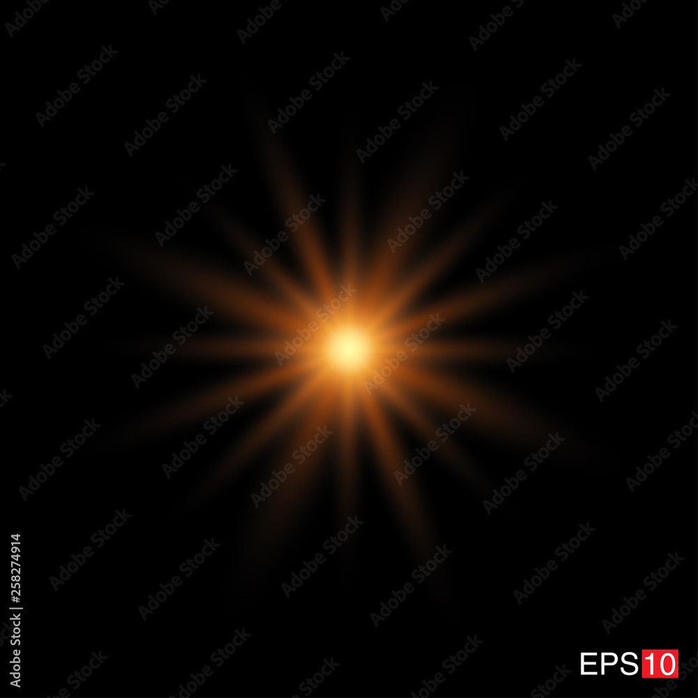 isolated orange Rays with lens flare, Sun flare, flare on the black background. Transparent Vector Illustration