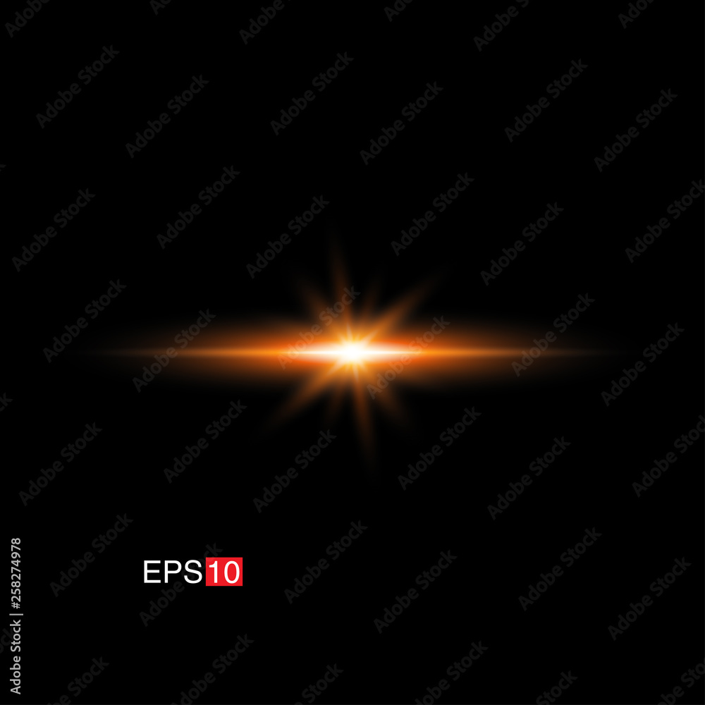 isolated orange Rays with lens flare, Sun flare, flare on the black background. Transparent Vector Illustration
