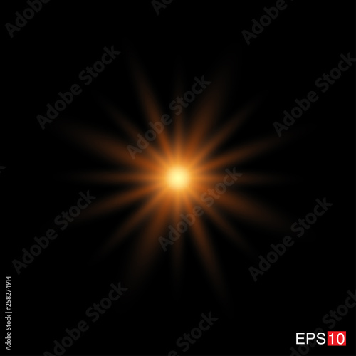 isolated orange Rays with lens flare, Sun flare, flare on the black background. Transparent Vector Illustration