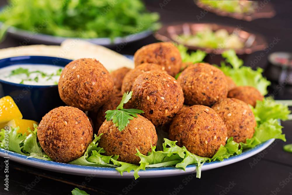 Falafel, hummus and pita. Middle eastern or arabic dishes on a dark background. Halal food. Falafel, hummus and pita. Middle eastern or arabic dishes on a dark background. Halal food.