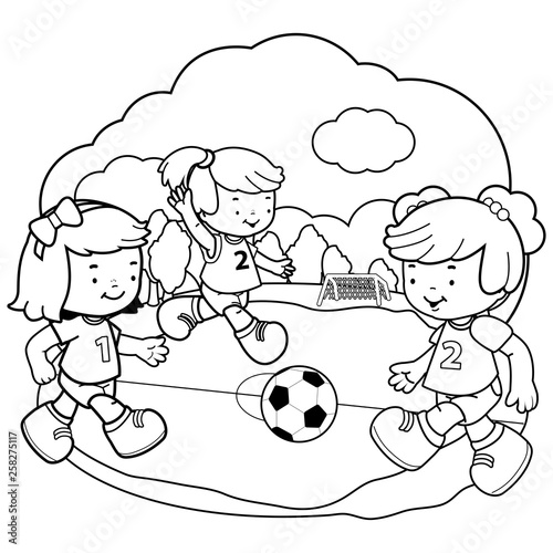 Little girls playing soccer. Vector black and white coloring page