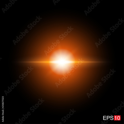 isolated orange Rays with lens flare, Sun flare, flare on the black background. Transparent Vector Illustration