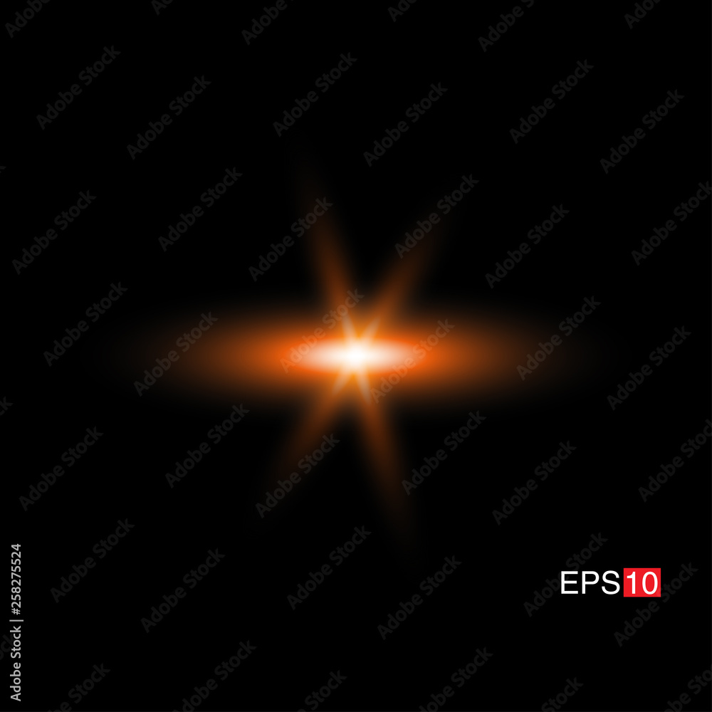 Obraz premium isolated orange Rays with lens flare, Sun flare, flare on the black background. Transparent Vector Illustration