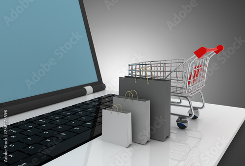 laptop cart and shopping bag. 3d illustration