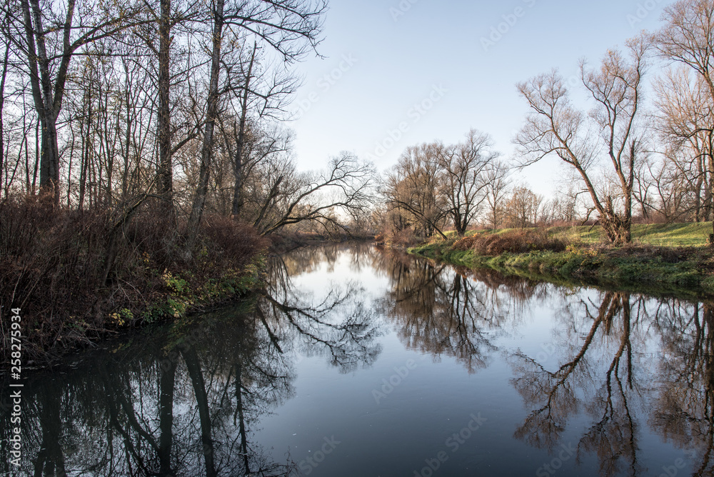 Olse and Stonavka river tributary in Czech republic during beautiful autumn day with clear sky