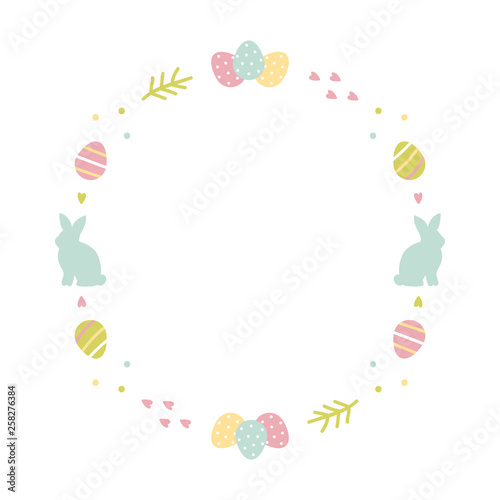 Cute pastel colors cartoon round frame for spring, easter design with easter bunnies, decorated eggs, hearts and dots.