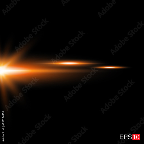 isolated orange Rays with lens flare, Sun flare, flare on the black background. Transparent Vector Illustration