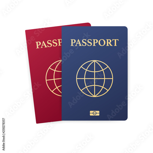 Blue and red passport isolated on white. International identification document for travel. Vector illustration.