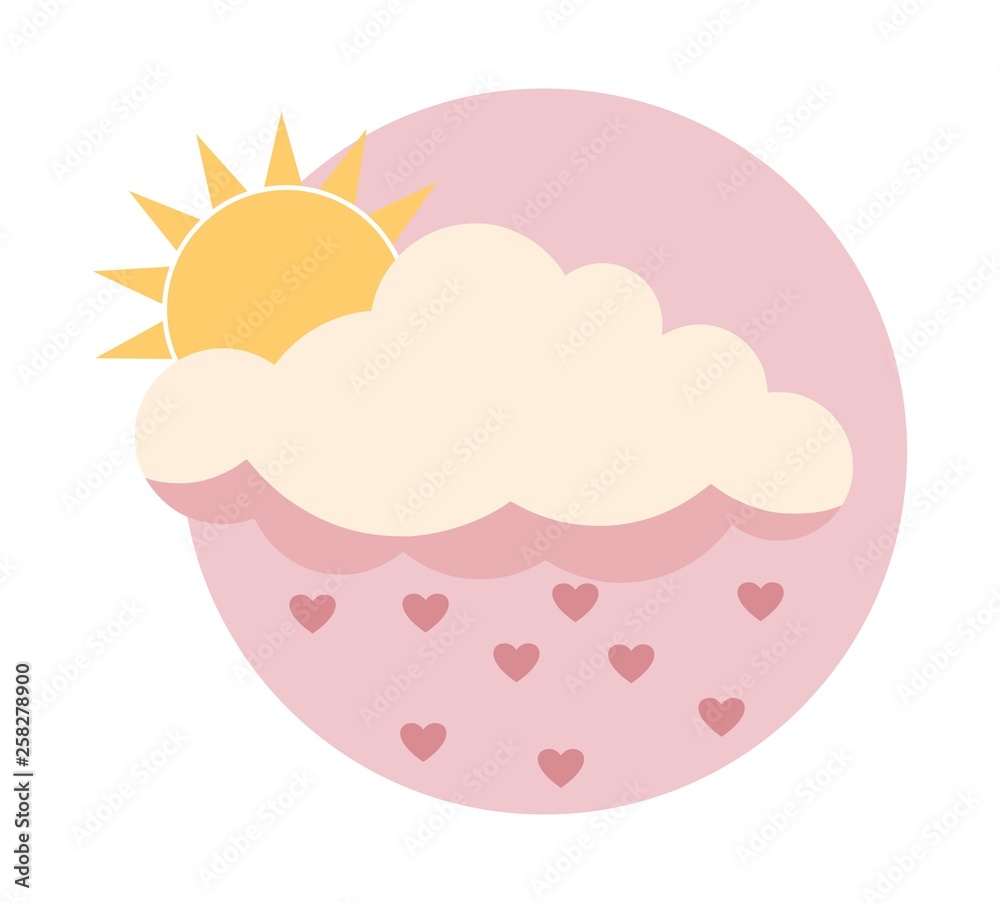 Flat sun behind cloud over pink sky with hearts rain isolated on white
