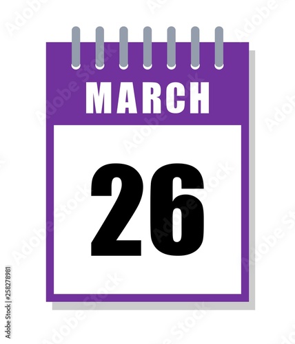 March 26. Purple day. World epilepsy day calendar isolated on white