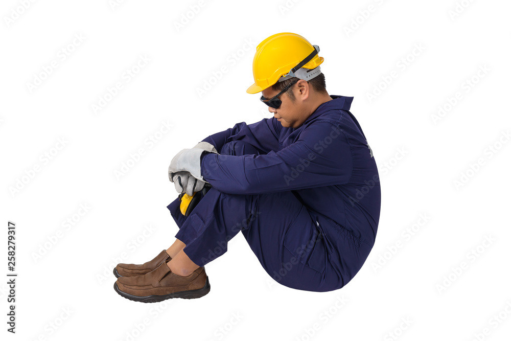 worker in Mechanic Jumpsuit is Sitting isolated on white background worker in Mechanic Jumpsuit is Sitting isolated on white background
