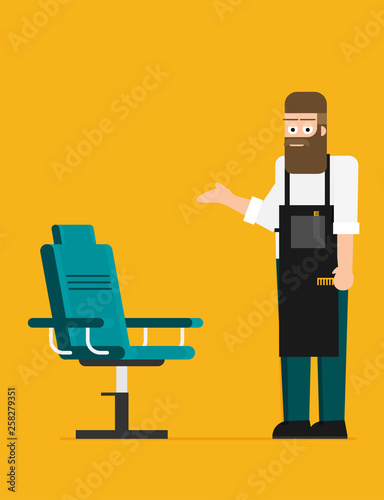 Young hipster man barber in barber shop. vector flat design illustration