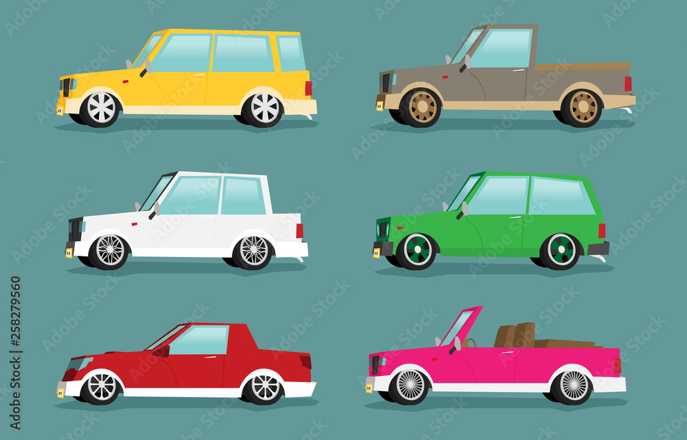 Obraz premium Set of cartoon cars. Flat vector.