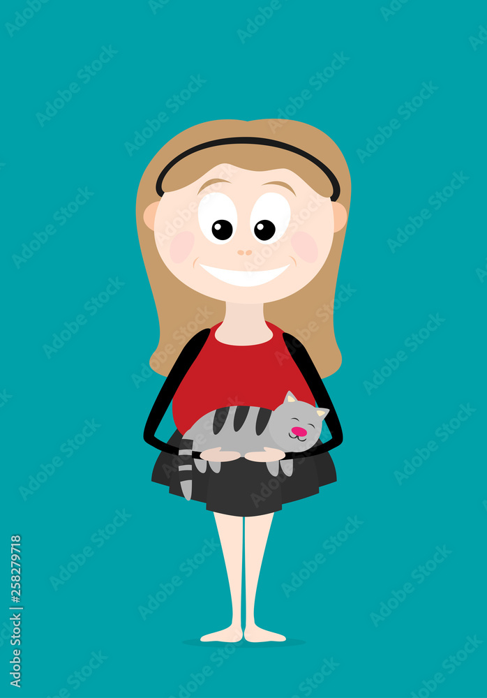Flat vector funny girl with cat Flat vector funny girl with cat