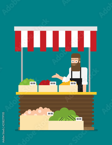 Produce shop keeper. Fruit and vegetables retail business owner working in his own store. Flat illustration. EPS 10 vector.