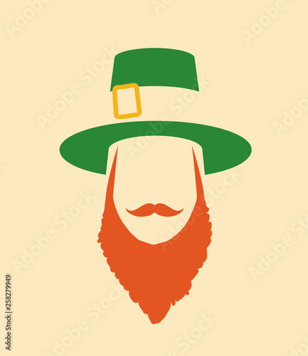  flat design icon on Saint Patrick's Day character leprechaun with green hat, red beard, smoking pipe