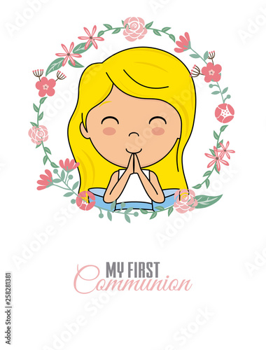 First communion card. Praying girl inside a flower frame