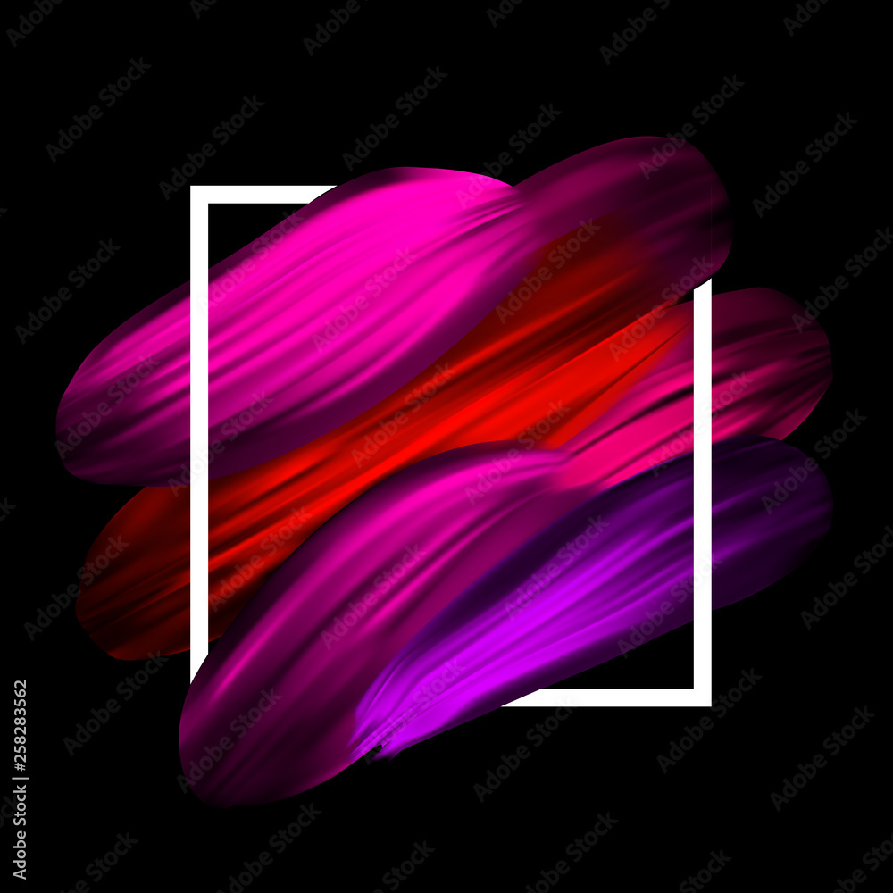  Female girly logo. Paint brush smudges in frame on black, banner template. Red vector lipstick smear.